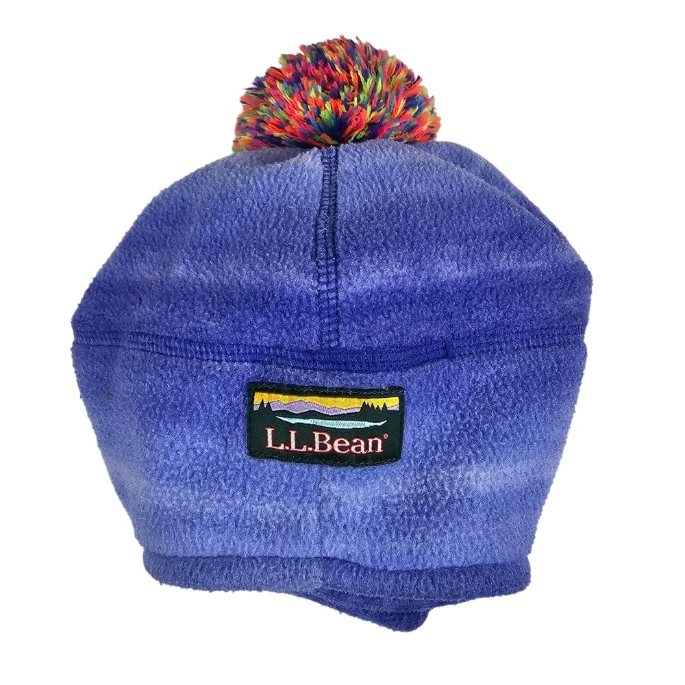 LL Bean Toddlers Blue Fleece Trapper Hat Rainbow Pom Pom 2T-4T 505080